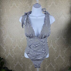 Yolipuli Size M One Piece Swimsuit Blue White Stripe Plunge V Cross Back Straps